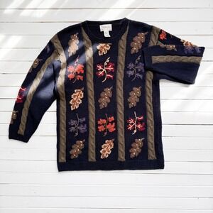vtg Talbots navy blue embroidered‎ leaves fall sweater